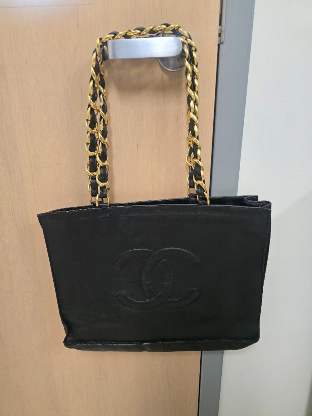 Vintage Chanel CC Chain Shopping Tote Bag Black Lambskin Gold Hardware